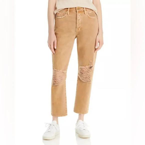 Frame Le Original High Waist Slim Straight Leg Crop Jeans Distressed Sand Tan 32 - Picture 10 of 10